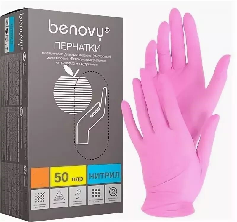 BENOVY Перчатки нитрил розовые текстурированные на пальцах 50 пар